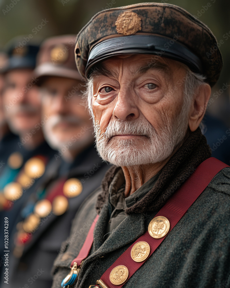 A group of veterans standing in front of a war memorial, each one with a medal on their chest. A group of veterans standing in front of a war memorial, each one with a medal on their chest.