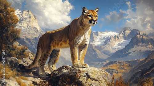 Mountain lion standing a rocky ledge overlooking a valley below with mountains in the distance photo