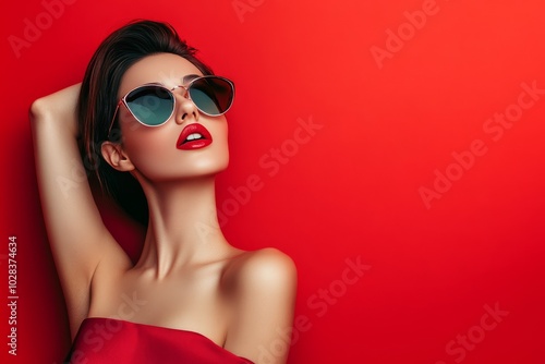 Stylish woman with a modern accessory on a bold solid background, ideal for impactful and memorable marketing. 