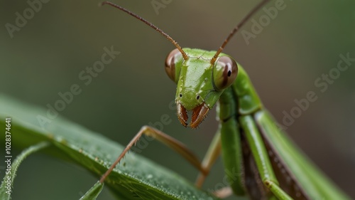 A close-up of a green praying mantis perched on a blade of grass, its large, prominent eyes staring directly at the camera.