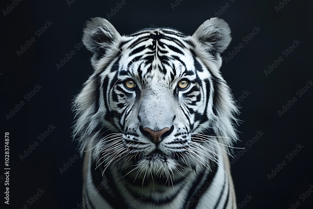 Close-up Portrait of a Majestic White Tiger with Striking Yellow Eyes. Close-up Portrait of a Majestic White Tiger with Striking Yellow Eyes.