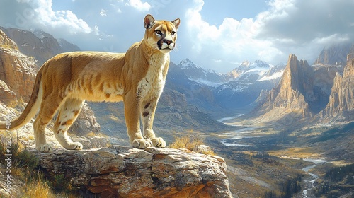 Mountain lion standing a rocky ledge overlooking a valley below with mountains in the distance photo