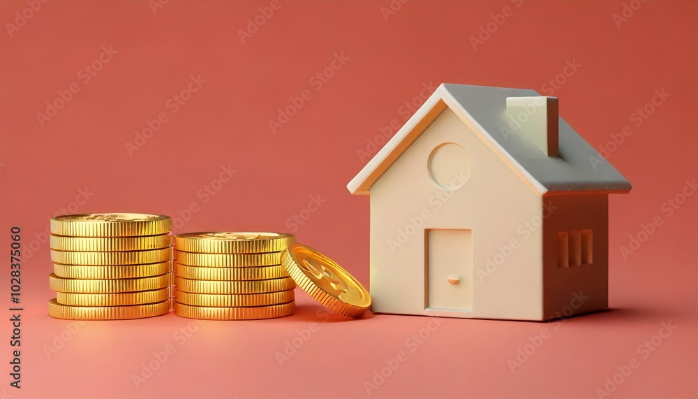 A small house model sits beside stacks of gold coins against a pink background, symbolizing real estate investment and financial growth. A small house model sits beside stacks of gold coins against a pink background, symbolizing real estate investment and financial growth.