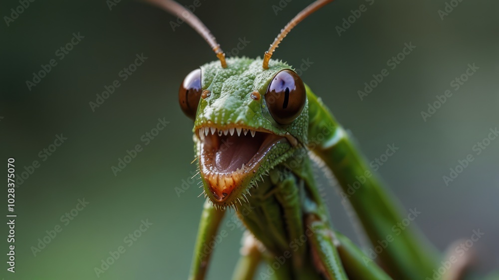 A close-up of a green praying mantis with its mouth open, showing its sharp teeth, against a blurred green background. A close-up of a green praying mantis with its mouth open, showing its sharp teeth, against a blurred green background.