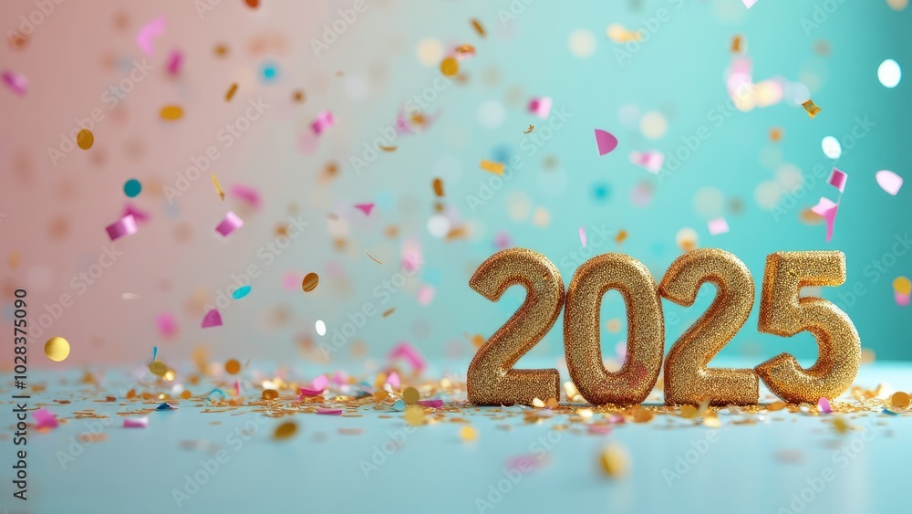 Celebratory 2025 Year with Confetti on Pastel Background Celebratory 2025 Year with Confetti on Pastel Background