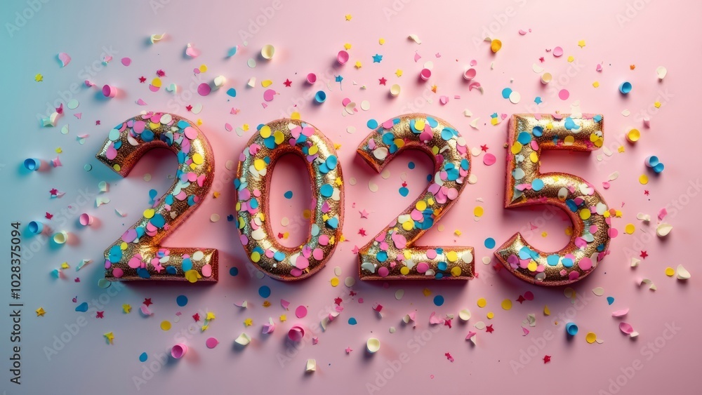 Celebratory 2025 Year with Confetti on Pastel Background Celebratory 2025 Year with Confetti on Pastel Background
