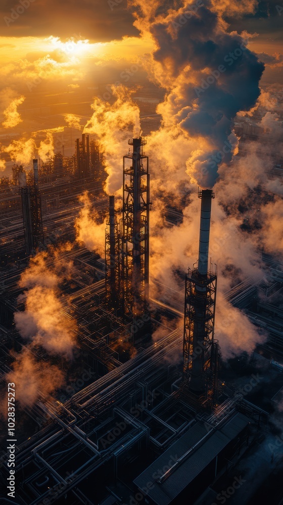 Fototapeta premium An enormous oil refinery at sunset, with complex steel structures
