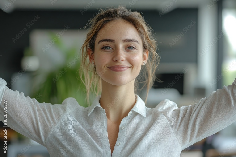 Female Manager Stretching Her Arms, Generative AI Female Manager Stretching Her Arms, Generative AI
