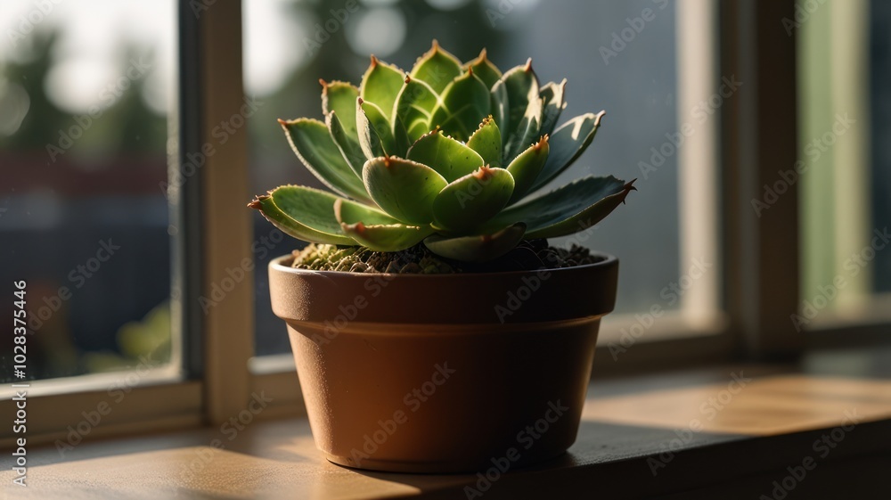 A small succulent plant in a terracotta pot sits on a windowsill, bathed in the warm glow of the afternoon sun. A small succulent plant in a terracotta pot sits on a windowsill, bathed in the warm glow of the afternoon sun.