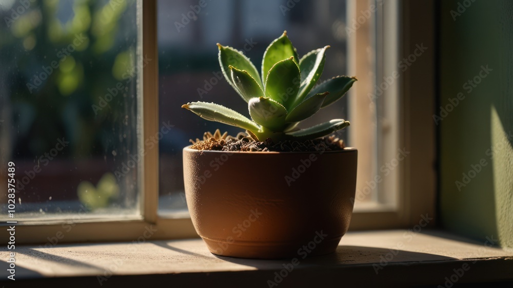 Fototapeta premium A small potted succulent plant sits on a window sill, bathed in the warm glow of sunlight streaming through the window.