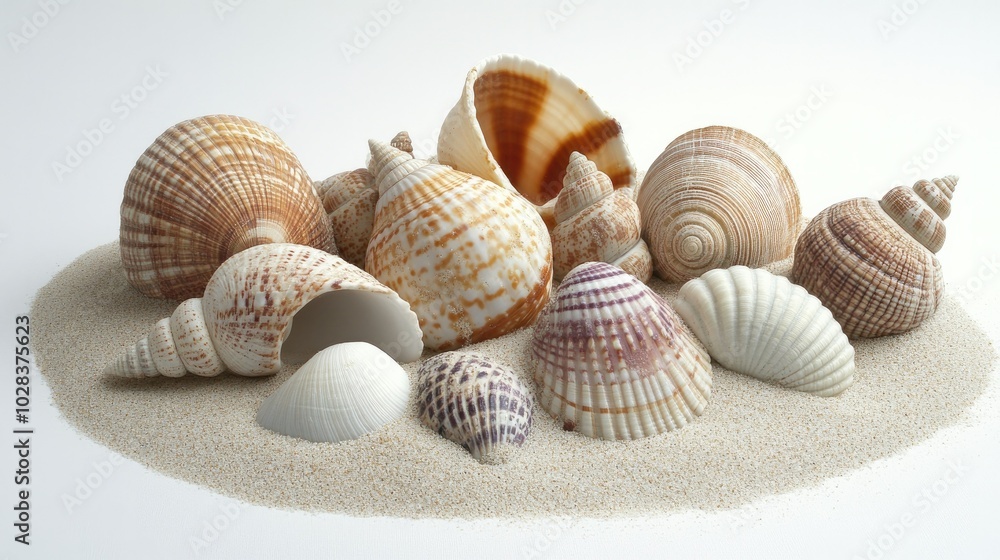 Assorted seashells nestled in sand, set against a plain white background, calm beach theme. Assorted seashells nestled in sand, set against a plain white background, calm beach theme.