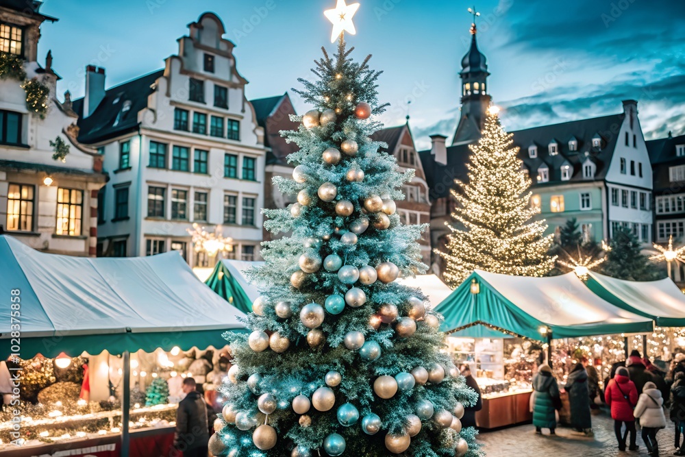 Naklejka premium A frosted Christmas tree adorned with silver baubles stands tall in a festive winter market, illuminated by soft glowing lights. The market stalls are filled with holiday goods and decorations.