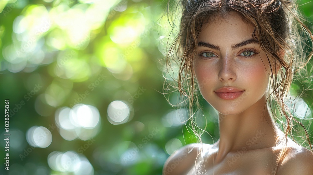 A young woman with long, tousled hair smiles softly in a lush green forest on a sunny day A young woman with long, tousled hair smiles softly in a lush green forest on a sunny day