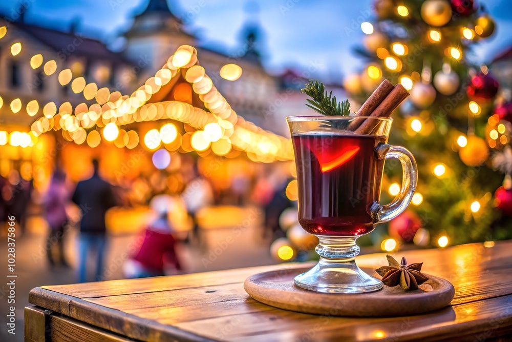 A warm glass of mulled wine with cinnamon and orange, set against a bokeh-filled Christmas market background. The scene captures the cozy holiday ambiance with festive lights and decorations. A warm glass of mulled wine with cinnamon and orange, set against a bokeh-filled Christmas market background. The scene captures the cozy holiday ambiance with festive lights and decorations.