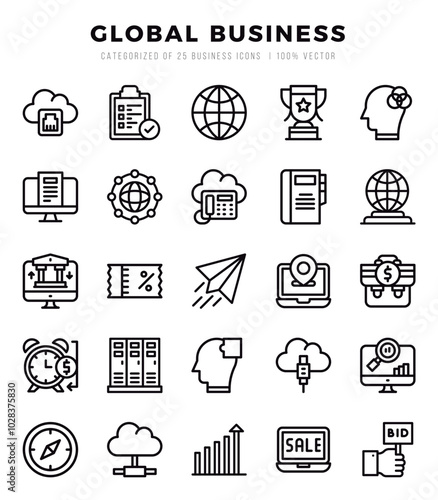 Global Business Lineal icons collection. 25 icon set in a Lineal design.