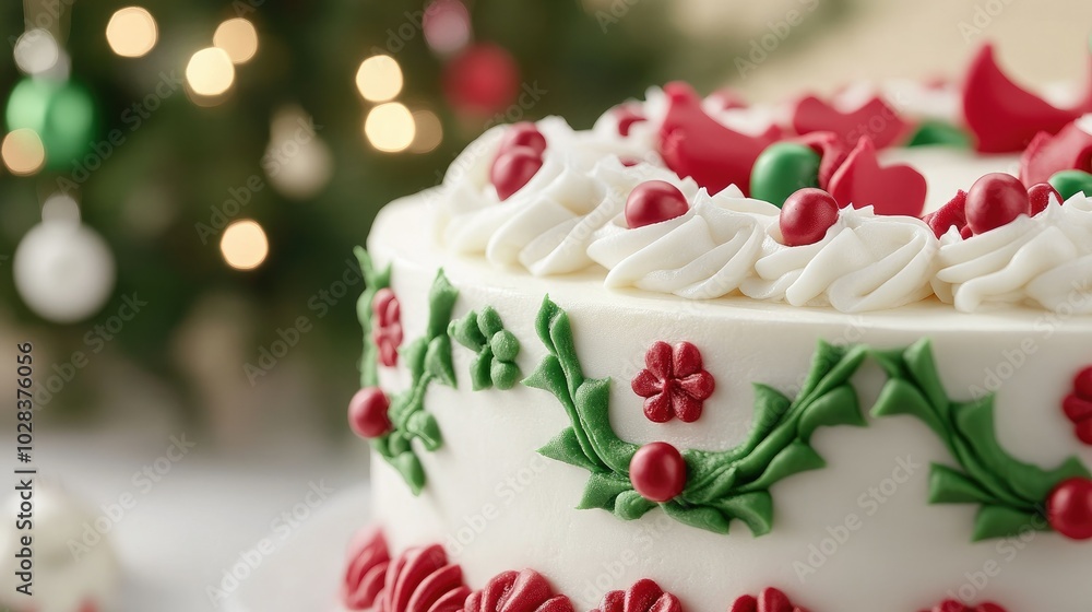 Close-up of a traditional Christmas cake covered in smooth white icing, decorated with vibrant red and green fondant accents on a white surface.