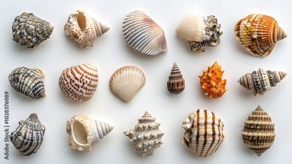 Close-up of a variety of seashells embedded in sand, set on a bright white backdrop.