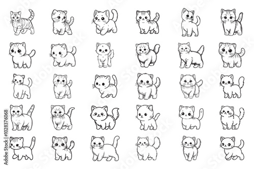 Bundle Line Art Cute Little Cat Small Pet Stand Pose Art Cute and playful cat Illustration Hand Drawn Clipart