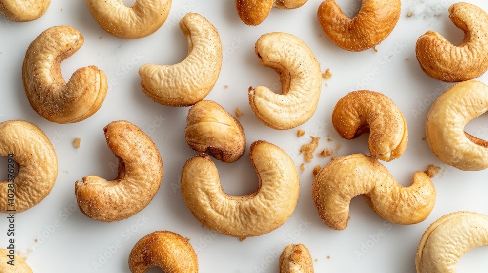 Close-up of roasted cashews on a white background, highlighting their curves and golden-brown color. Close-up of roasted cashews on a white background, highlighting their curves and golden-brown color.