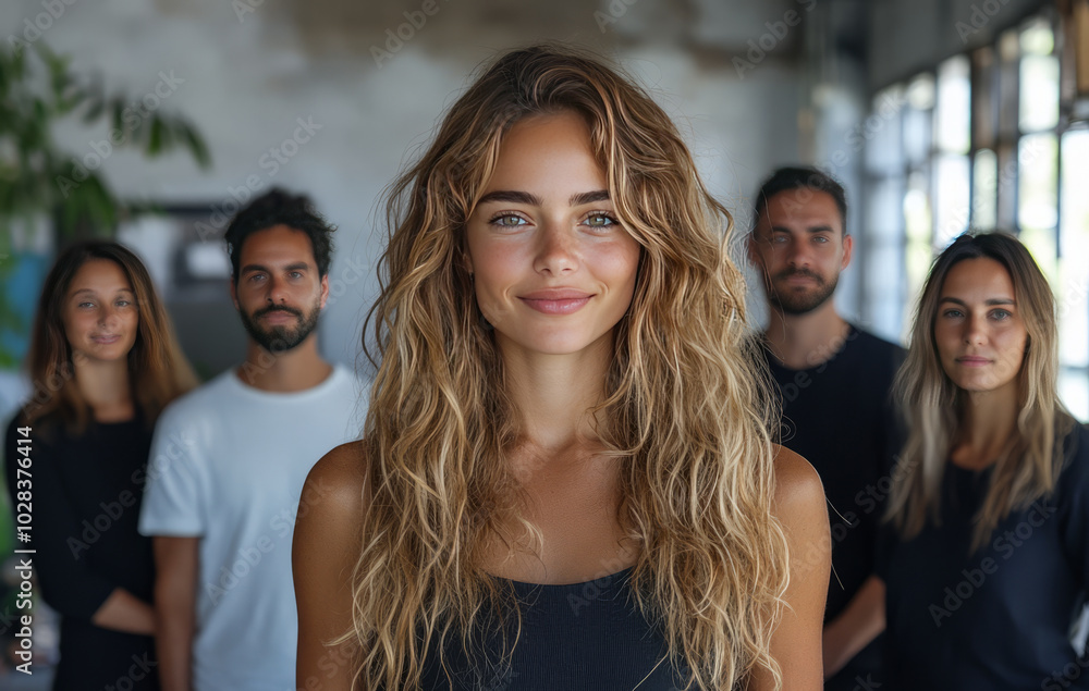 A young woman stands in the center of an office room, smiling and extending her hand to shake with five diverse business people standing behind he A young woman stands in the center of an office room, smiling and extending her hand to shake with five diverse business people standing behind he