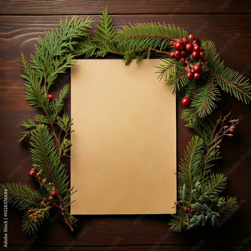 Christmas-themed paper note, festive design, 3D illustration, A blank note with christmas decoration. Christmas-themed paper note, festive design, 3D illustration, A blank note with christmas decoration.