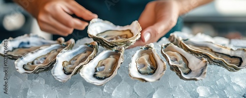 Fresh oysters on ice, vendor shucking them for customers, seaside market, street food, seafood indulgence