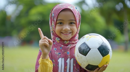 Bubbly Malay girl enjoys football in park, promoting health.