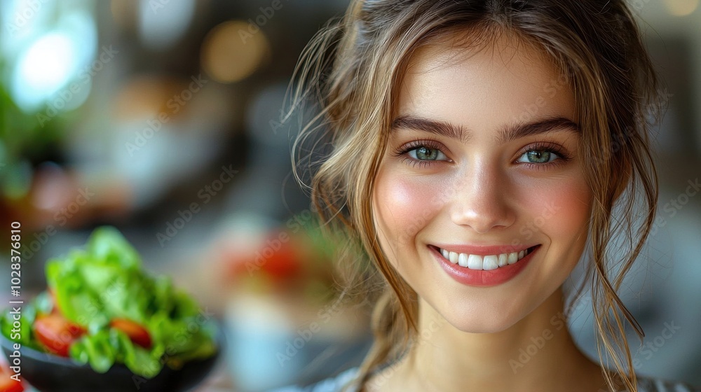 Young woman smiling at a salad bar in a vibrant café during the afternoon, showcasing fresh greens and vegetables Young woman smiling at a salad bar in a vibrant café during the afternoon, showcasing fresh greens and vegetables
