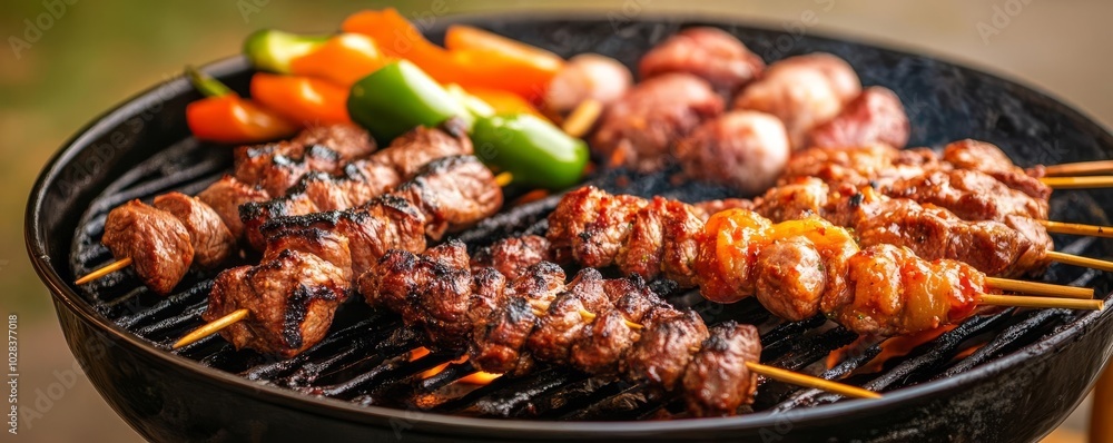 Grill filled with sizzling meats, skewers and vegetables, smoky atmosphere, street food, BBQ culture Grill filled with sizzling meats, skewers and vegetables, smoky atmosphere, street food, BBQ culture