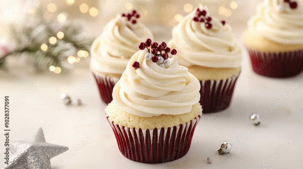 Elegant Christmas-themed cupcakes with smooth icing and delicate decorations, artfully arranged on a white surface for a holiday treat. Elegant Christmas-themed cupcakes with smooth icing and delicate decorations, artfully arranged on a white surface for a holiday treat.