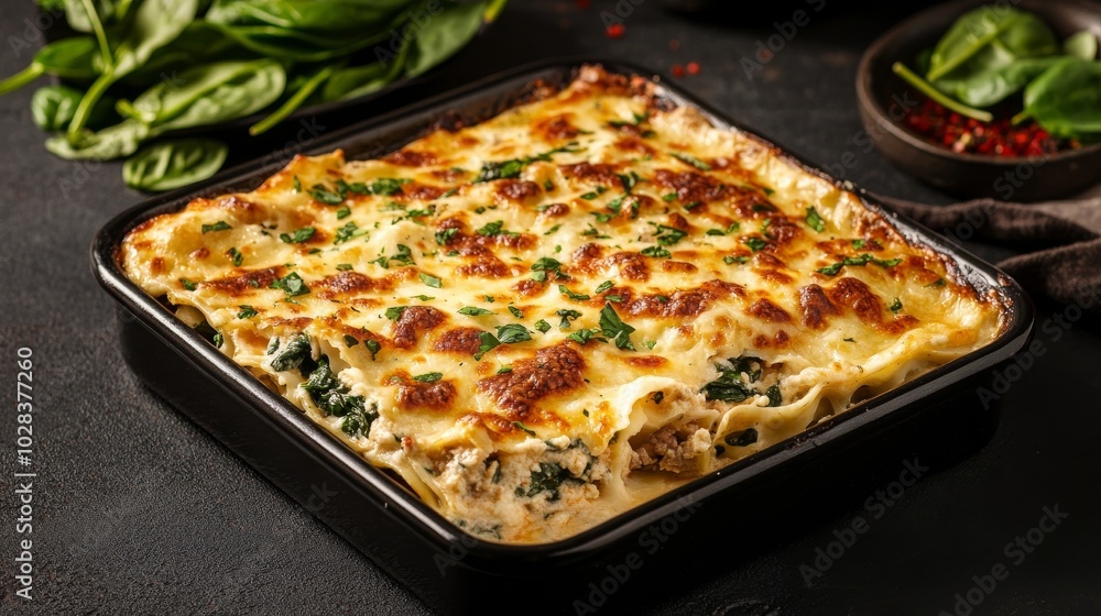 Pork spinach lasagna on black Pork spinach lasagna on black
