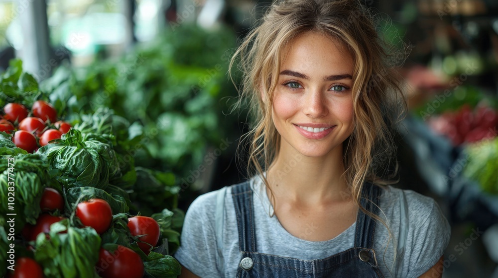 Young woman smiling at a bustling farmers market surrounded by fresh tomatoes and leafy greens during daylight Young woman smiling at a bustling farmers market surrounded by fresh tomatoes and leafy greens during daylight
