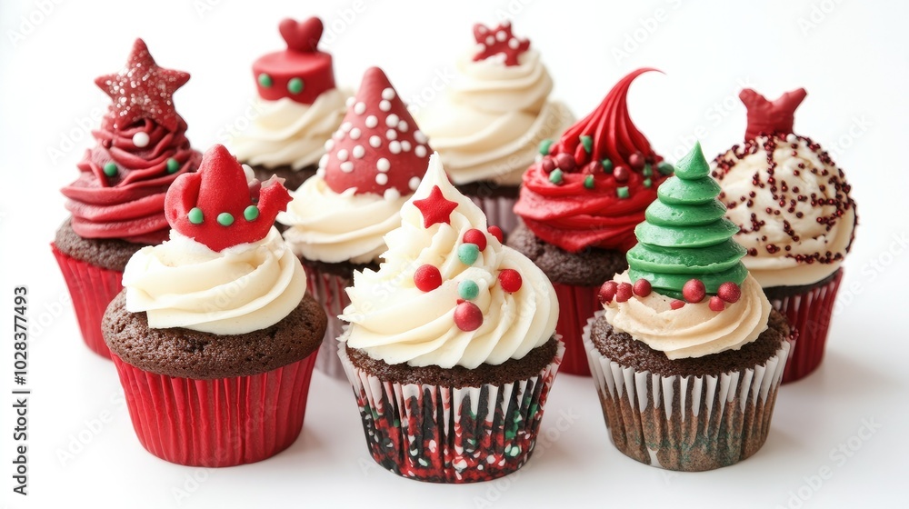 Hand-decorated Christmas cupcakes with creamy icing and whimsical holiday decorations, set against a simple white background. Hand-decorated Christmas cupcakes with creamy icing and whimsical holiday decorations, set against a simple white background.