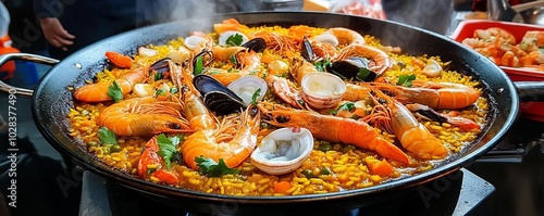 Large pan of paella with seafood and rice, vibrant colors, bustling market, street food, Spanish dish photo