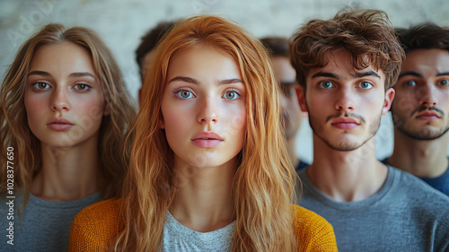 a mixed group of modern young adults looking on with expressions of concern and disbelief