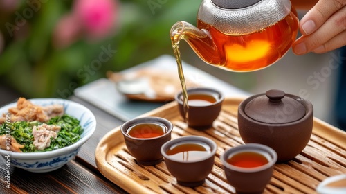 Fototapeta Naklejka Na Ścianę i Meble -  Man pouring tea from a height into small cups, traditional setup, street food, beverage ritual