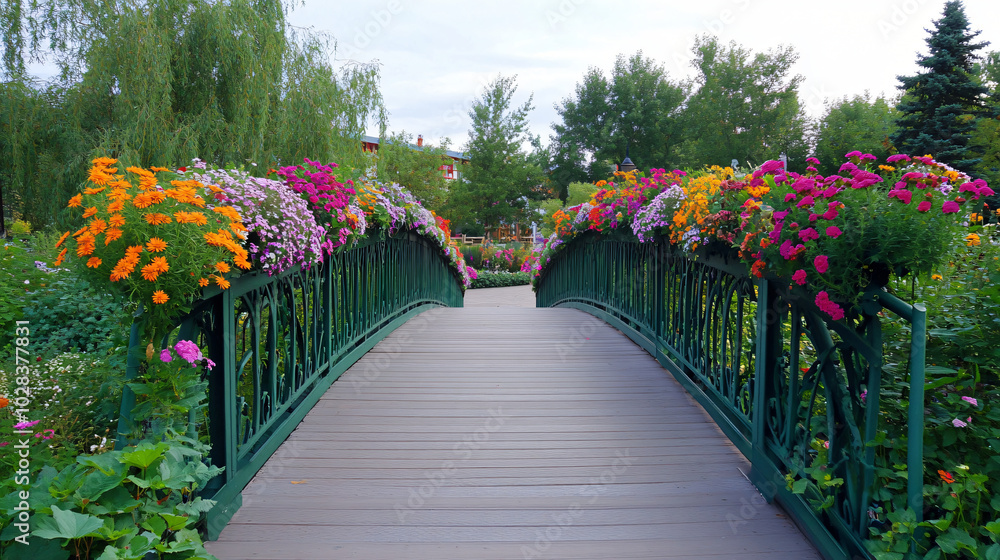 Obraz premium A charming pedestrian bridge adorned with flowers
