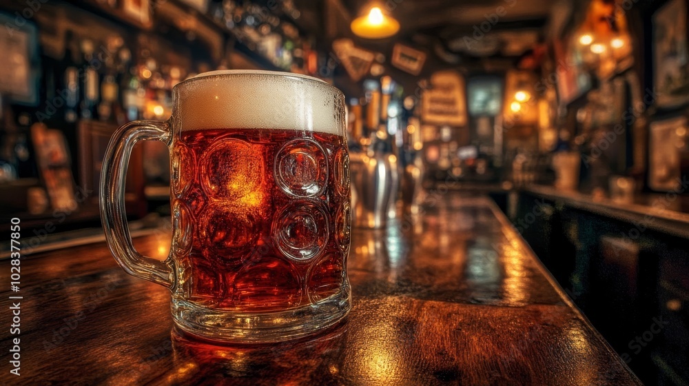 Chilly beer in frosted mug on crowded bar Chilly beer in frosted mug on crowded bar