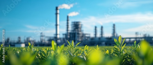 Greenery and Industry, lush plants thriving near a distant industrial complex under clear blue sky.