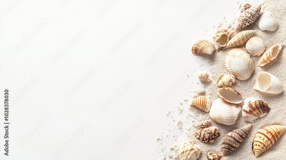 Scattered seashells in sand on a white backdrop, simple beach theme, natural tones. Scattered seashells in sand on a white backdrop, simple beach theme, natural tones.