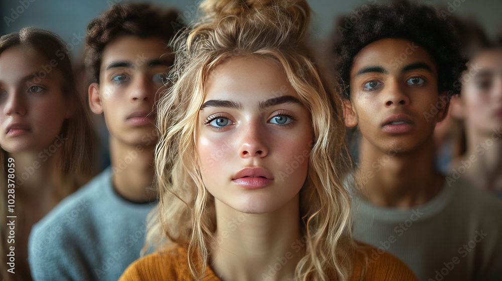 Obraz premium a mixed group of modern young adults looking on with expressions of concern and disbelief