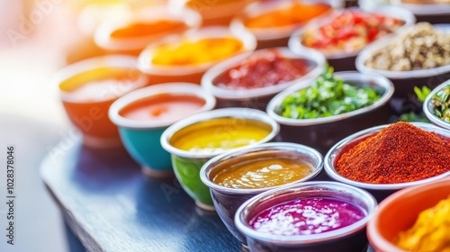 Fototapeta Naklejka Na Ścianę i Meble -  Variety of vibrant sauces in small bowls, exotic spices, arranged neatly on a stall, street food, flavor diversity