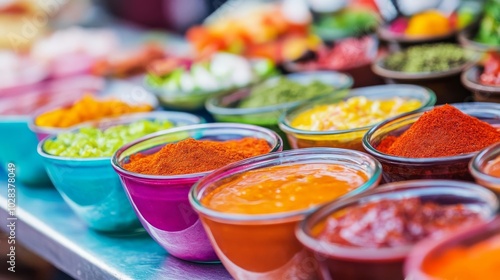 Fototapeta Naklejka Na Ścianę i Meble -  Variety of vibrant sauces in small bowls, exotic spices, arranged neatly on a stall, street food, flavor diversity