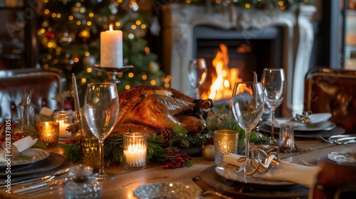 holiday dining decor, a christmas dinner table with a golden roasted turkey, candles, elegant decor, greenery, and a cozy fire in the background