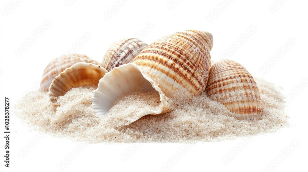 Small seashells nestled into fine sand, isolated on a crisp white background, coastal vibe. Small seashells nestled into fine sand, isolated on a crisp white background, coastal vibe.