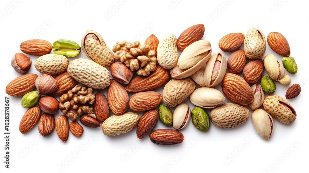 Variety of mixed nuts, like almonds, hazelnuts, and pistachios, scattered on a white backdrop. Variety of mixed nuts, like almonds, hazelnuts, and pistachios, scattered on a white backdrop.