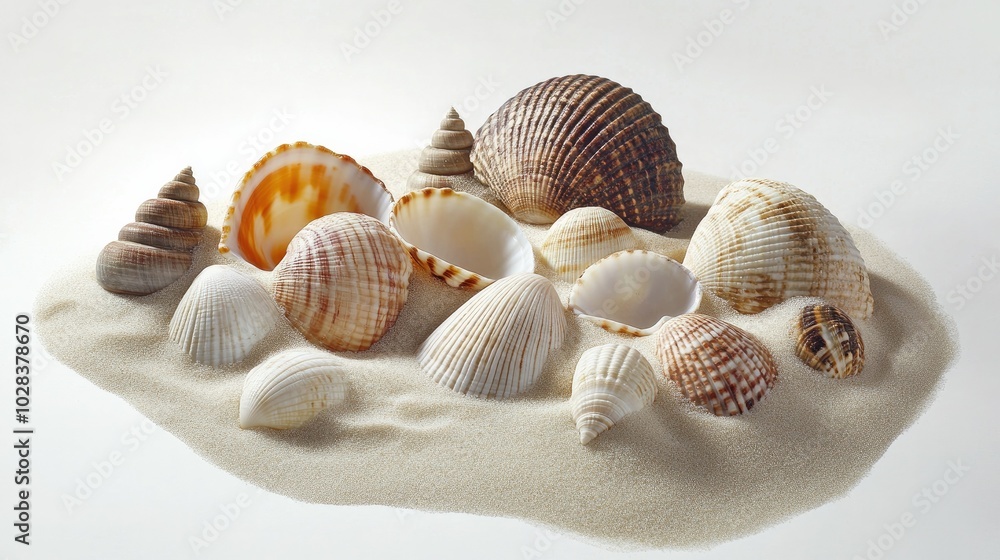 Variety of seashells partially buried in sand on a clean white background, beach-themed design. Variety of seashells partially buried in sand on a clean white background, beach-themed design.