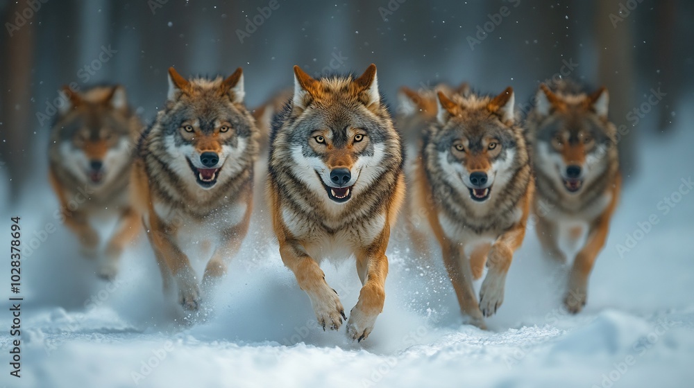 Pack of wolves running through snowcovered forest their breath visible in the cold air focused and determined Pack of wolves running through snowcovered forest their breath visible in the cold air focused and determined