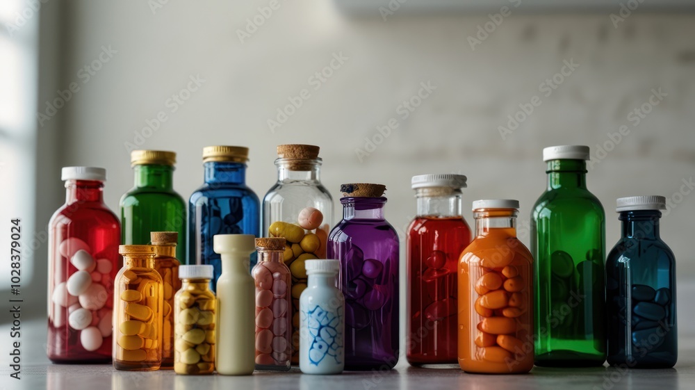 A row of colorful glass bottles filled with various pills and capsules. A row of colorful glass bottles filled with various pills and capsules.