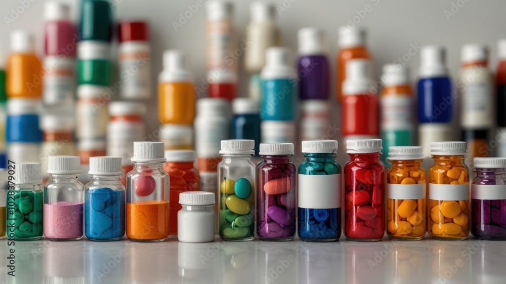 Colorful pills in glass bottles with white labels against a blurred background of many other bottles. Colorful pills in glass bottles with white labels against a blurred background of many other bottles.